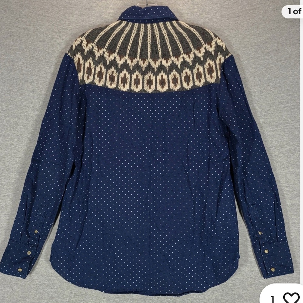 Free People Blue Polka Dot Wool Blend Buttoned Down Sweater Knit Inset Shirt.SzL - Picture 4 of 9